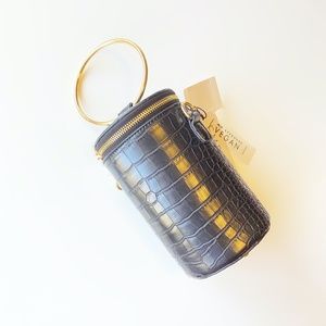 🔥 VEGAN CROC LEATHER MINI BLACK BUCKET BAG GOLD RING HANDLE HARDWARE